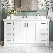 DKB Emilia 60 Inch Bathroom Vanity Single Sink White Bathroom Vanity with Sink, 1.5" Edge Pure White Quartz Countertop, Solid Wood, 2 Soft-Close Doors, 9 Dovetail Drawers