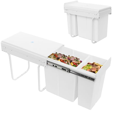 Pull Out Under Cabinet Trash Can, Pull Out Trash Cans, 10L + 20L Kitchen Cabinet Garbage Can, Pull-Out Kitchen Bin (White)