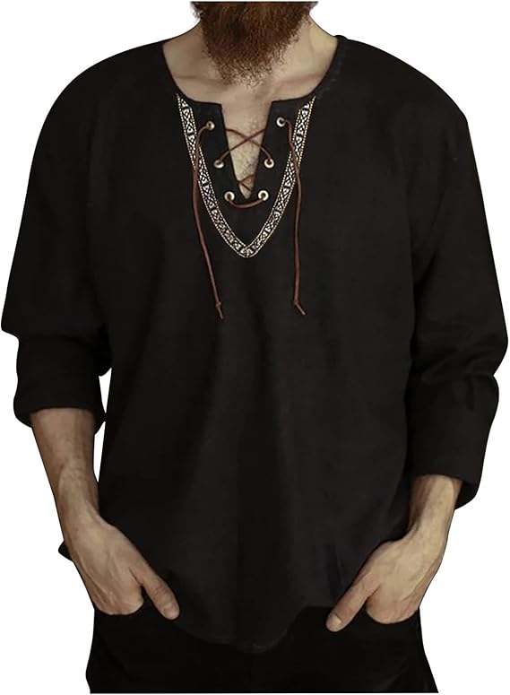 Shirts for Men Fashion Long Sleeve Drawstring V Neck Vintage Medieval Pullover T Shirt Casual Tees Trendy Clothes