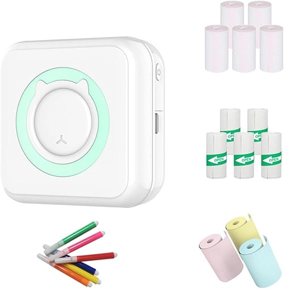 Mini Portable Pocket Inkless Photo Printer With 13 Rolls Of Printing Paper, Colored Pens, Suitable For Wireless Ios/Android Smartphones, Green