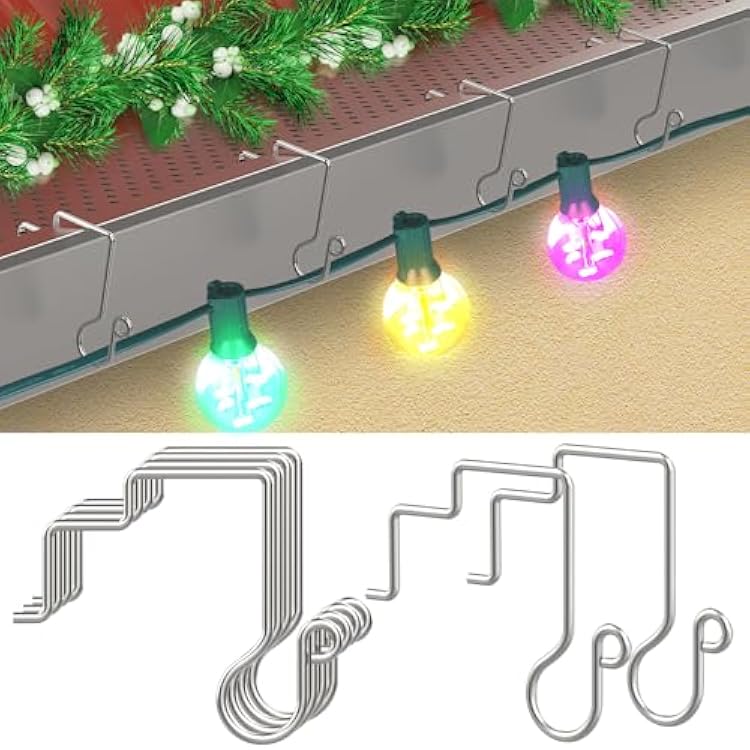 100PCS Christmas Light Hooks for Gutter Guards with Perforated or Mesh, Stainless Steel Hanger Clips for Hanging Outside Christmas Lights Strings, Outdoor Windproof Anti-Slip Metal Hooks 100