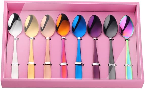 Buyer Star Coffee Spoons Set, 18/10 Stainless Steel Colorful Demitasse Espresso Spoons, 5.31 Inch Multicoloured Dessert Spoons with Pink Gift Box, Set of 8