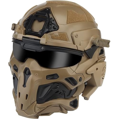 Multifunctional Airsoft Helmet, All-in-One Design Built-in Detachable Tactical Headset Anti-Fog Fan Shade Sliding Goggles