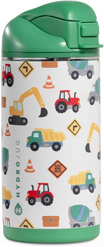 HydroJug Ease2o 14oz Kids Water Bottle, Straw & Chug Lid, Under Construction
