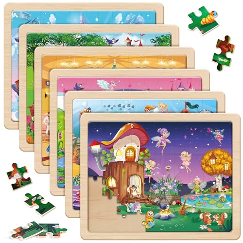 SYNARRY Unicorn Mermaid Princess Fairy Wooden Puzzles for Kids Ages 4-6, 6 Packs 60 PCs Jigsaw Puzzles for Kids Ages 4-8, Preschool Toys Gifts for Toddlers 3-5, Wood Puzzles for 3 4 5 6 Year Old Girls