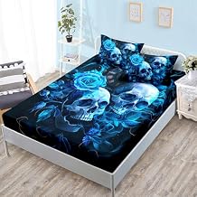 HOSIMA Death Skull Heads Boys Queen Size Bedding Set,Horror Theme Halloween Bedding for Teenage Girl Room Decor,Clock Floral Fitted Sheet Gothic Bedding Set,1 Fitted Sheet+2 Pillowcases.