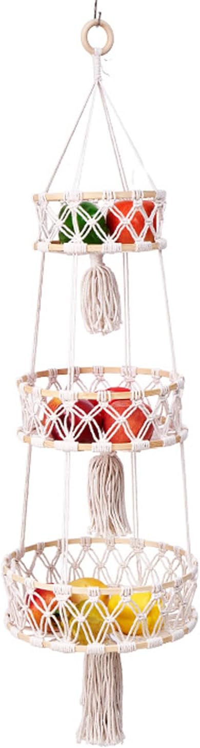 3-Tier Woven Hanging Fruit Basket (1) | Space Saving, Bohemian Style, Wall-Mounted Storage, For Fruits, Vegetables, and Plants