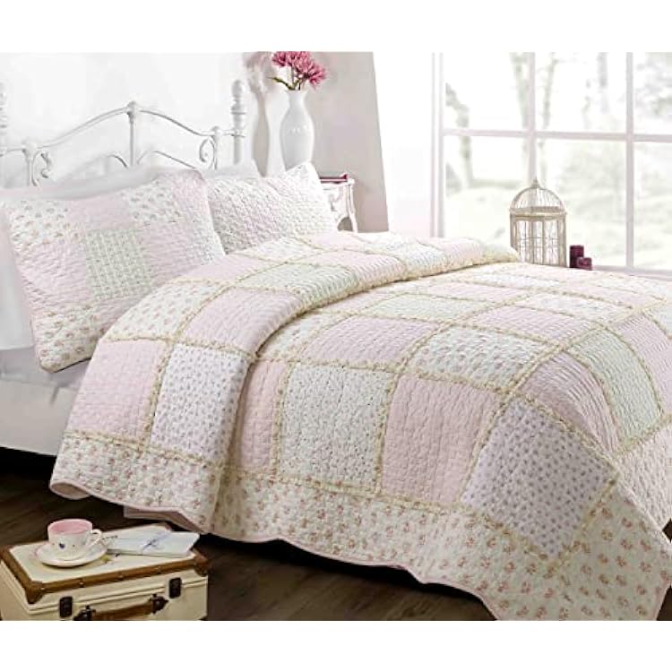 Cozy Line Home Fashions Floral Light Pink True Patchwork 100% Cotton Girl Quilt Bedding Set, Reversible Coverlet Bedspread Sweet Peach, Twin - 2 Piece