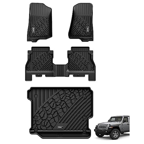 3W Floor Mats&Cargo Liner Fit for Jeep Wrangler JL 2018-2025 2026 Unlimited 4-Door Sahara Willys Rubicon Without Subwoofer Non JK or 4XE All-Weather TPE Floor Liner and Trunk Full Set Car Mats