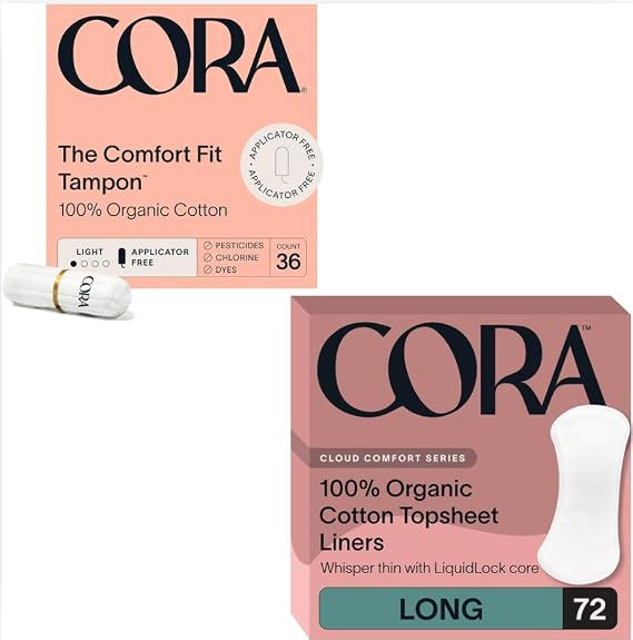 Cora Organic Period Essentials | Non-Applicator Ultra-Absorbent Tampons & Long Organic Cotton Liners | 100% Organic, Unscented, Hypoallergenic | Quick Absorbency, Dermatologically Tested | Eco-Conscio