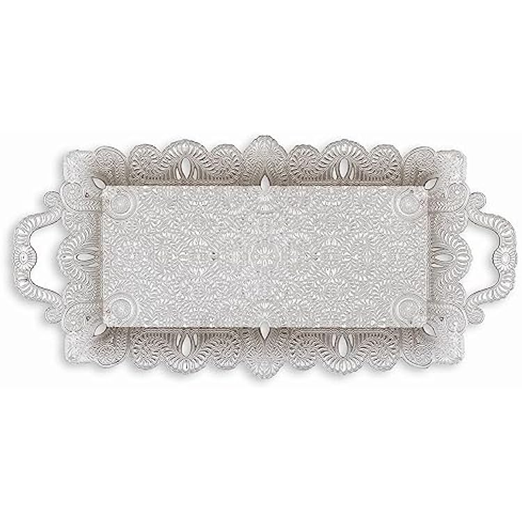 Alisveristime Ottoman Motif Zamac Tray, 15.7 x 7.7 x 1 Dimensions, 410 gram - 14.4 oz, Elegant Handles, Suitable for Two-Person Coffee Set, Available in Four Unique Colors Silver