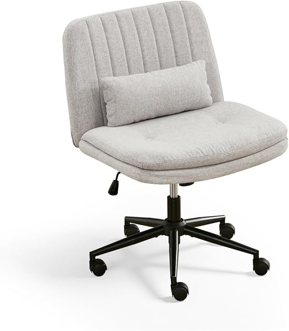 Swivel Criss Cross Legged Chair with Wheels for Home Office, Wide Armless Desk Chair with Deeper Seat, Height Adjustable Comfy Computer Chairs for Desk, Vanity, Bedroom (Linen Grey)