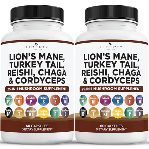 Lions Mane Mushroom Supplement with Turkey Tail Reishi Cordyceps Chaga with Marshmallow Root - 2-Pack