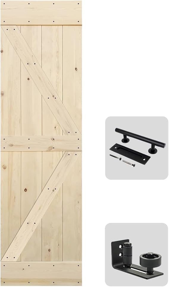 S&Z TOPHAND 24in x 84in Barn Door, Unfinished British Brace Knotty Pine/American Traditional Country Style/Single Surfaces/A Simple Assembly is Required