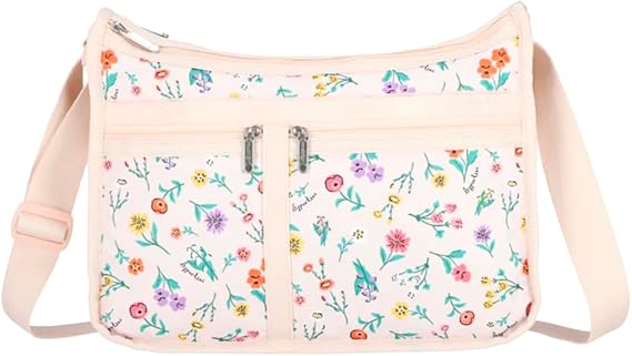 LeSportsac Tossed Wildflowers Deluxe Everyday Crossbody Bag + Cosmetic Bag, Style 7507/Color HD02, Vibrant & Festive Colorful Flowers/Floral Bouquets Abstractly Arranged on Subtle Blush Pink Bag