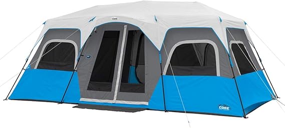 CORE Instant Cabin Tents with LED Lights | Family Multi Room Lighted Pop Up Tents for Camping | Included Storage Pockets for Camping Accessories