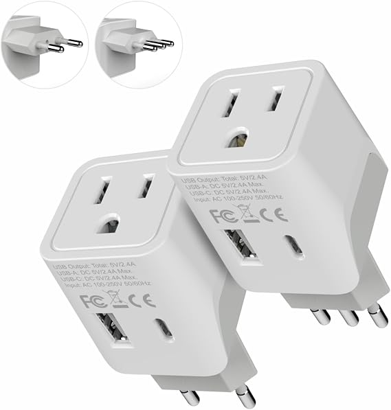 Ceptics Italy, Europe Travel Adapter Plug Set - 2 Pack - with 2 USB + USA Socket Input - Type L and Type C - Ultra Compact - Safe Grounded Perfect for Cell Phones, Laptops, Camera Chargers