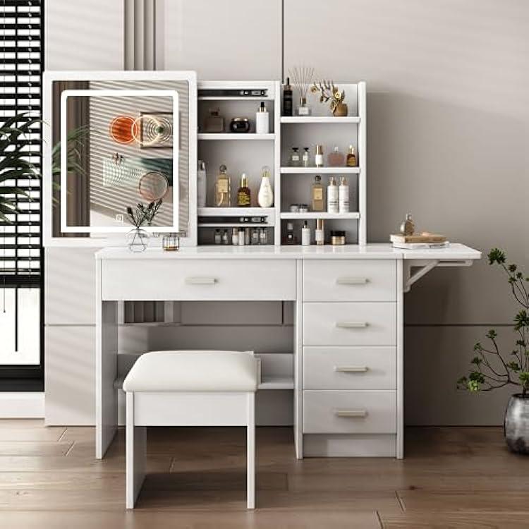 Makeup Vanity Desk with Mirror and Lights, Makeup Vanity Chair Set with Fold-up Panel, White Dressing Table with 5 Drawers and Shelves, 3 Lighting Modes, Brightness Adjustable