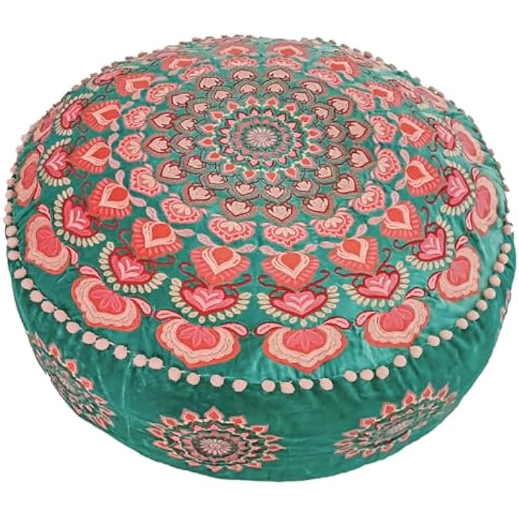 Turquoise Round Velvet Pouf Cover - Soft Embroidered Ottoman Slipcover with Moroccan Design, 24 Inch Diameter, Ideal for Living Room, Bedroom, or Meditation Space -Decorative Floow Pillow Cushion