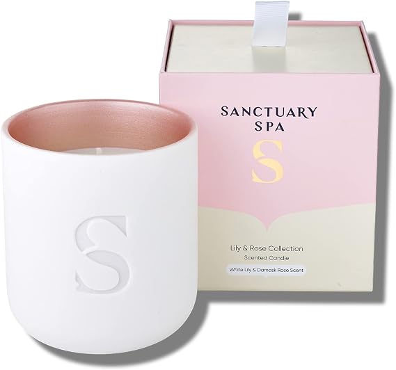 Sanctuary Spa Lily and Rose Candle, Damask Rose, Lily and Palmarosa Scented Ceramic Candle, Natural Shea Wax, 260 g, 45 Hour Burn Time