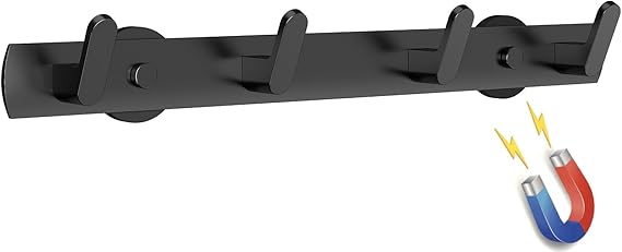 Strong Magnetic Coat Hooks-4 Hooks Matte Black Magnetic Hanger Holder-Heavy Duty Magnetic Rack for Hanging Coat, Bag, Helmet, Backpack (4 Hooks)
