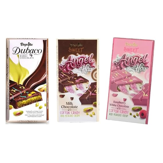 Angel Hair Cotton Candy Chocolate Bar - 6 oz 170 G Raspberry White Chocolate with Cotton Candy and Pistachio Cream 6 oz 170 G Dubai Chocolate Mix