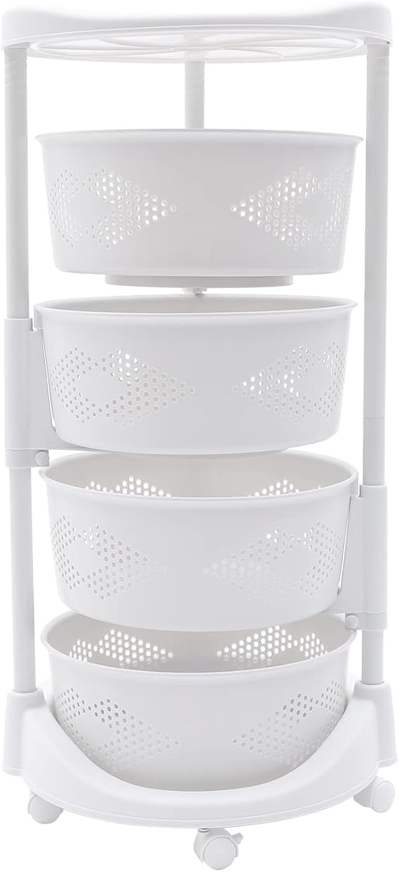 Kaibrite Rotating Kitchen Storage Rack, Multi-Layer Revolving Basket Kitchen Shelf with Wheels, for Bathroom, Laundry Room, Garage, White (4-Layer)