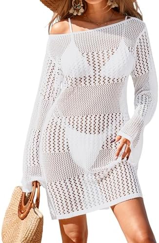 Womens Crochet Boat Neck Swimsuit Coverup Summer 2025 Long Bell Sleeve Beach Bathing Suit Cover Up Mini Dress