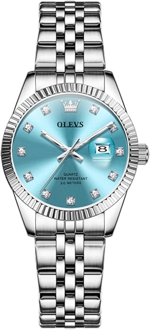 OLVES Watches for Women, Elegant Stainless Steel Ladies Small Wrists Watches with Calendar, Fashion Waterproof Diamond Quartz Watch for Women, White/Pink/Blue/Green/Purple/Gold Dial