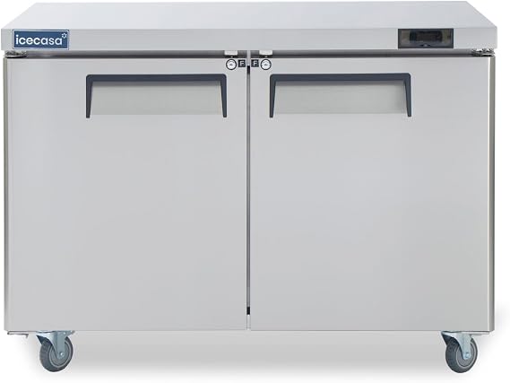 ICECASA 48" W Commercial Freezer Worktop Undercounter Freezer Single Door Stainless Steel Counter Fan Cooling 13 Cu.ft for Restaurant, Bar, Shop, etc