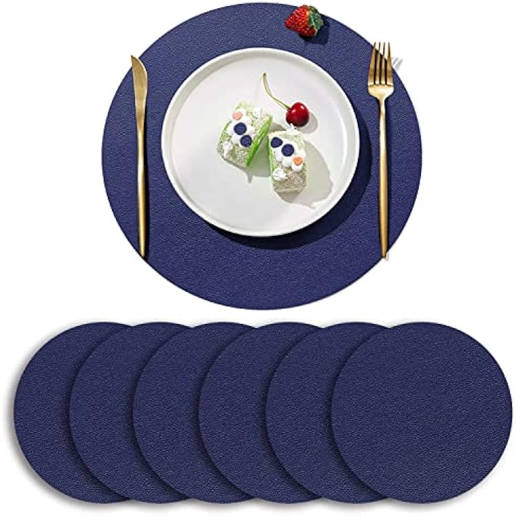 6Pack Faux Leather Placemats Set, 13.5 Round PU Dinning Table Mats, Wipeable Easy to Clean Stain Resistant Heat Resistant Waterproof Place Mats Durable Plate Mats Navy Blue