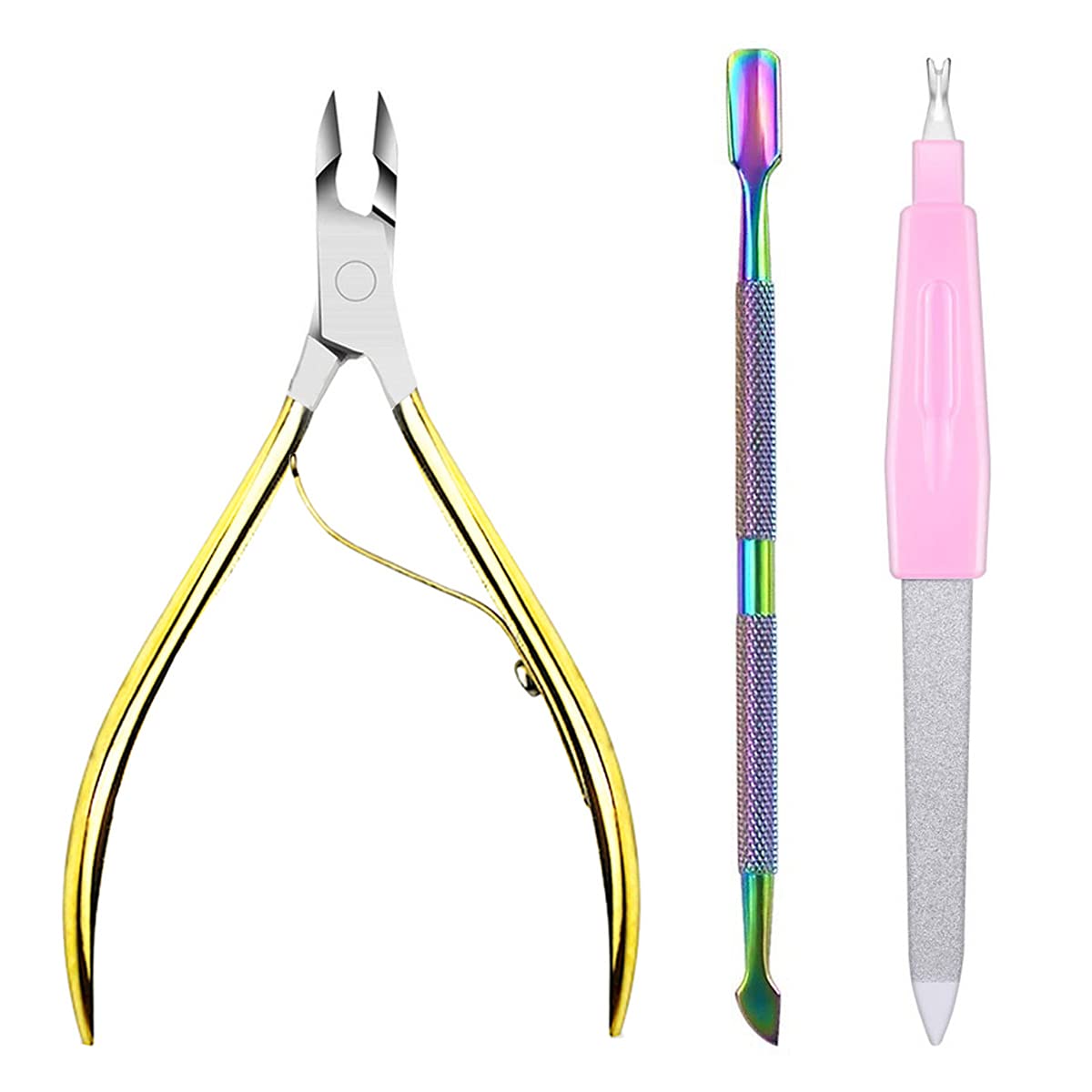 Professional Cuticle Nipper Stainless Steel Cuticle Trimmer with rainbow cuticle pusher nail flies, Single Spring, 5mm Jaw Half Jaw gold nail color BAISIBANG X7