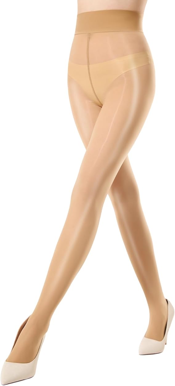 MANZI Women's Shiny Pantyhose Sheer Shimmer Tights High Waist Oil Shimmery Ultra Silky Nylons Pantyhose