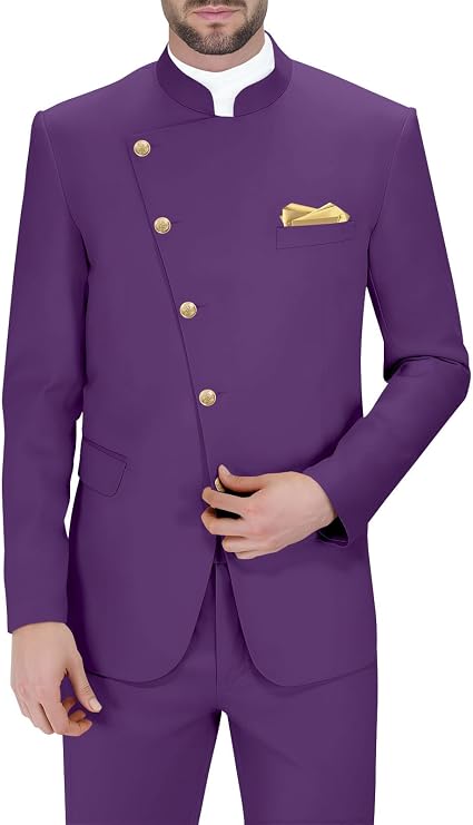 2 Piece Mens Chinese Tunic Suit Mandarin Collar Suits for Men Gold Button Jacket Pant Set Traditional Wedding Prom