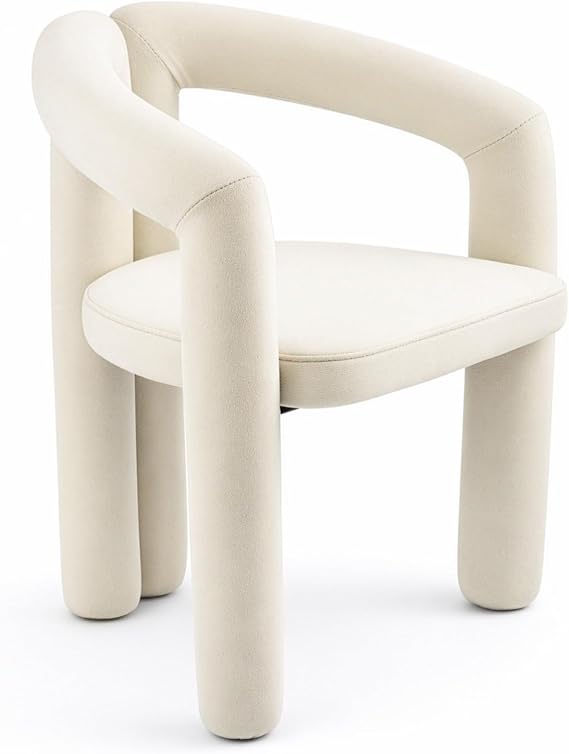 Accent Chair with Curved Arms, White Modern Upholstered Vanity Chair, Foam Filled Makeup Chair, Cream Occasional Armchair for Dressing Table, Bedroom, Living Room, Corner Space