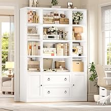 FINETONES 71" H White Bookshelf with Doors, 6 Tier Tall Bookcase with Drawers, Triple Wide Large Bookshelves and Bookcases, Wood Book Shelf Storage Cabinet for Home Office, White