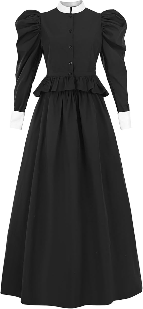 Black Victorian Dress for Women 2-Piece Gigot Sleeve 1800s Edwardian Dress Costume