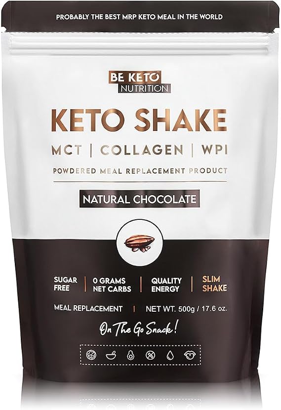 BeKeto Diet Shake 500g - Natural Chocolate - High Protein, Low Carb Meal Replacement with MCT Oil and Collagen - Keto Friendly, No Added Sugar