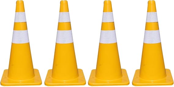 Safety Cones 28 Inch 4 Pack Traffic PVC Hazard Caution Cone Road Street Parking Cone with Reflective Strips Collar(Yellow) (Yellow)