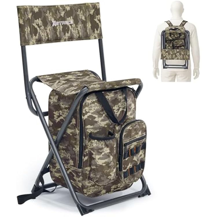 X Strike Fishing Chair with Cooler and Backrest, Folding Backpack Chair for Adults up to 350 lbs, Fishing Stools Portable for Outdoor, Camping, Hiking