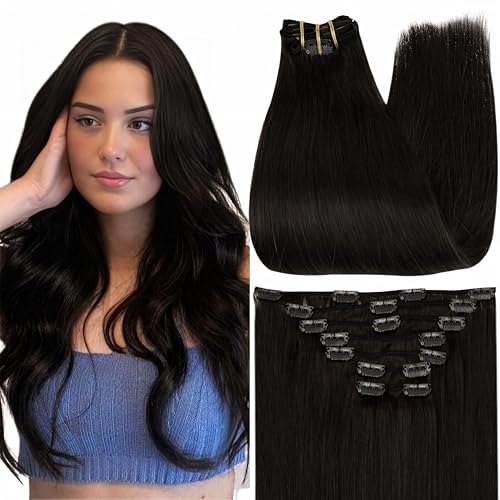 Full Shine Black Human Hair Clip in Extensions Black Hair Extensions Real Human Hair for Short Triple Weft Remy Hair Extensions Clip ins for Women 12 Inch 95g 7 Pcs