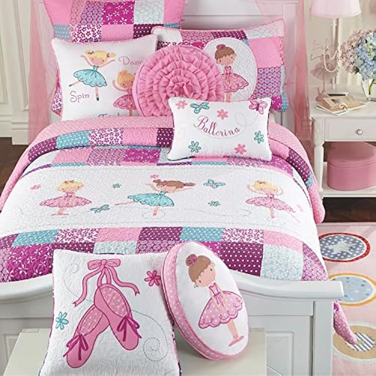 Cozy Line Home Fashions 100% Cotton Dance Princess Girl Reversible Bedding Quilt Set, Bedspread Coverlet for All Seasons Pink Ballerina, Queen-3 Piece