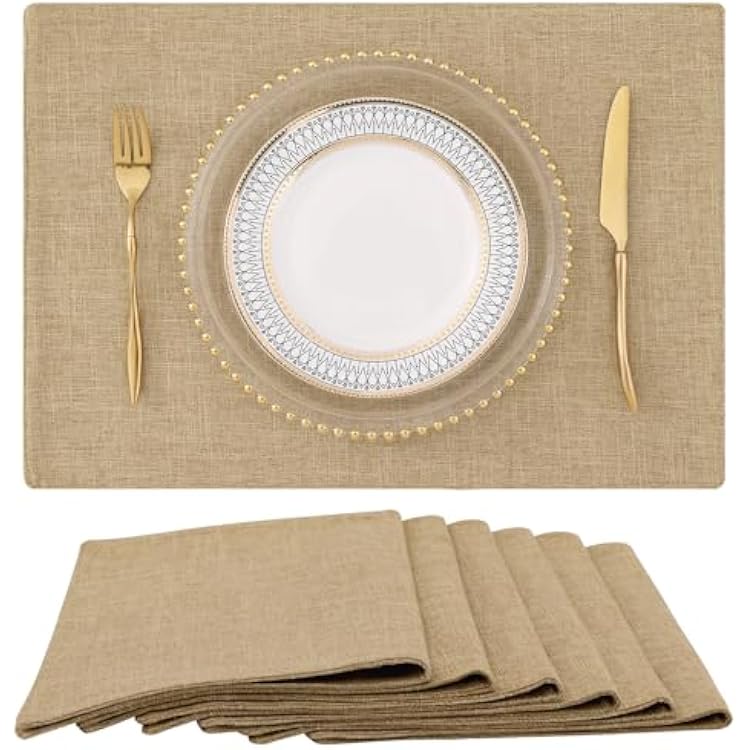 homing Cotton Linen Placemats Set of 6, Cloth Washable Farmhouse Dining Table Mats for Indoors & Outdoors, Easy to Clean, Linen, 13 x 19 Inch