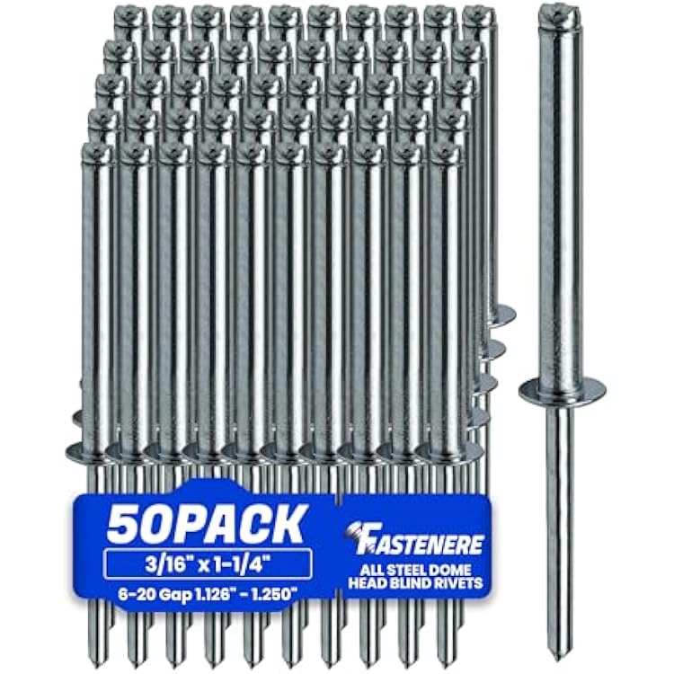 Fastenere Pop Rivets 316 x 1-14 50 pcs Aluminum Body Steel Mandrel, Heavy Duty, Open End, Low Carbon, Dome Head Blind Rivets, Corrosion Resistant & High Shear Strength, 6-20 Gap 1.126 - 1.250