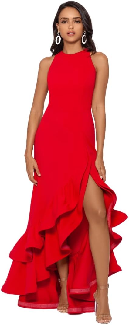 Betsy & Adam Women's Long Halter Scuba Crepe Tiered Ruffle Slit Gown, Red, 10