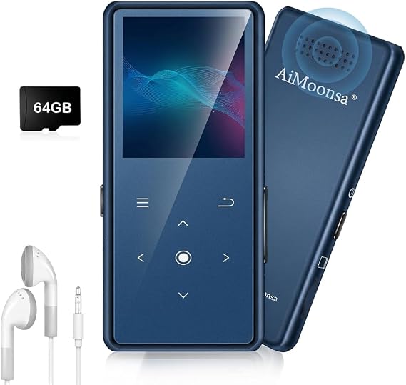 64GB MP3 Player with Bluetooth 5.2, AiMoonsa Music Player with Built-in HD Speaker, FM Radio, Voice Recorder, HiFi Sound, E-Book Function, Earphones Included，Blue