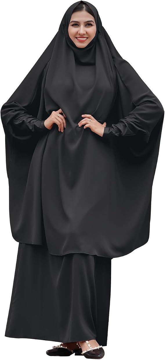 IDOPIP Two Pieces Jilbab Modest Dress for Muslim Women Long Maxi Khimar + Skirt with Hijab Burkas Islamic Abaya Dress Outfit