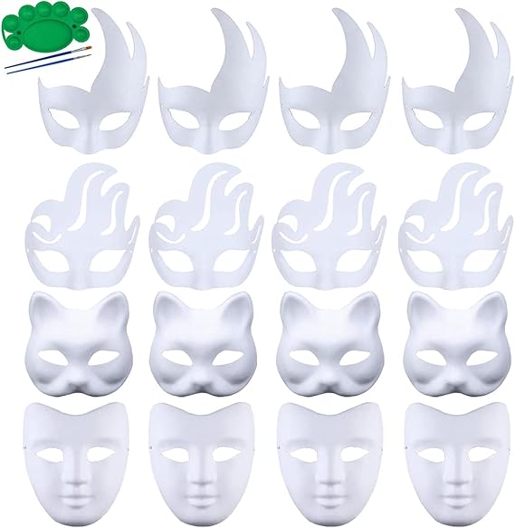 Qavctw 16PCS DIY White Masks Paper Cosplay Christmas Party Mask Unpainted Plain Craft Masquerade Masks for Christmas Mardi Gras Party Mask