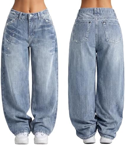 EMMIOL Women Boyfriends Hip Hop 90s Vintage Baggy Jeans Loose Denim Pants Mid-Low Waist Jeans