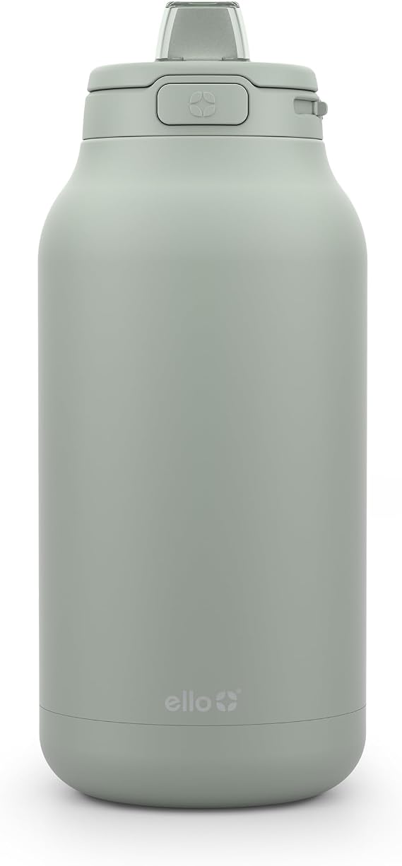 Ello Hydra 64oz Half Gallon Vacuum Insulated Stainless Steel Jug, Sage | Large insulated stainless steel water bottle jug with leakproof locking lid, soft straw, carry loop, and cold drinks 40 hours